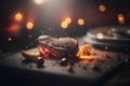 Piece of meat with spices and herbs. Baked meat. Delicious dish. Artistic blur. ?dvertising background. Generative