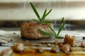 A piece of meat with a sprig of rosemary on top Royalty Free Stock Photo