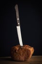 A piece of meat with a stuck knife on a black background