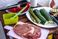 Piece of meat and vegetables preparing barbecue