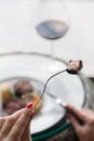 A piece of medium rare steak on a fork Royalty Free Stock Photo