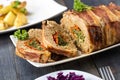 Tasty homemade dinner - meat, baked potatoes and a set of salads Royalty Free Stock Photo