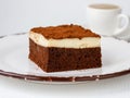 Piece of moist chocolate sponge cake with custurd cream in white plate on table Royalty Free Stock Photo