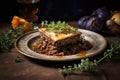 a piece of moussaka on a rustic plate with garnish