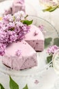 A piece of mousse cake, Delicious dessert blueberry tart with fresh berries with a bouquet of purple blooming lilacs, vertical Royalty Free Stock Photo