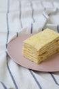 Piece of Napoleon Cake on pink plate on cloth, side view Royalty Free Stock Photo