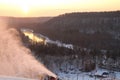 Panorama of the  mountains in the evening at the ski resort Sigulda, Latvia. River Gauja. Snow blowWoods Forest Landscape in white Royalty Free Stock Photo