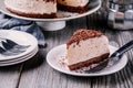 A piece of no-bake chocolate cheesecake on a plate