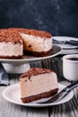 A piece of no-bake chocolate cheesecake on a plate