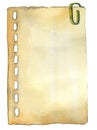 A piece of notepad with a paper clip, old paper, banner, watercolor illustration
