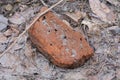 a piece of one old dirty brown red brick lies on gray sand Royalty Free Stock Photo