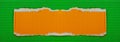 A piece of orange corrugated cardboard with torn edges on a green background. Bright modern background with copy space for text. Royalty Free Stock Photo