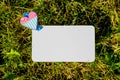 Piece of paper on the clothespin and a heart .White blank note card and heart shaped pin on green grass background Royalty Free Stock Photo