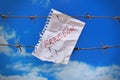 Piece of paper with freedom text on barbed wire on sky background Royalty Free Stock Photo