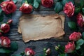 A piece of paper is placed amidst a collection of roses on a wooden table, A vintage love letter surrounded by roses on a rustic Royalty Free Stock Photo