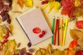 A piece of paper for records or drawing, a set of colored crayons in the framing of autumn leaves which turn into the warm colors