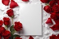 a piece of paper and red and white roses on a gray background, an isolated background,