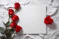 a piece of paper and red and white roses on a gray background, an isolated background