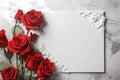 a piece of paper and red and white roses on a gray background, an isolated background