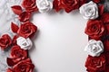 a piece of paper and red and white roses on a gray background, an isolated background,