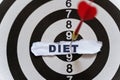 A piece of paper with the text is nailed to the target with a dart - DIET Royalty Free Stock Photo