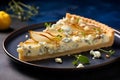 A piece of pear tart. Pear and blue cheese cake with half poached pear slices. Tasty gourmet dish, healthy eating concept. Pear Royalty Free Stock Photo