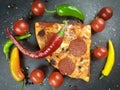 Piece of pepperoni Pizza, cherry tomato and hot peppers