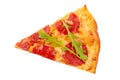 Piece of pepperoni pizza with ruccola leaves on white Royalty Free Stock Photo