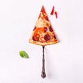 Piece of pepperoni pizza with sausages and tomato on white background Royalty Free Stock Photo