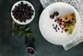 Piece of pie with blueberries, rasberry,cherries and mint for dessert on a white plate, napkin. Pieces of delicious homemade cake. Royalty Free Stock Photo