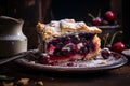 a piece of pie with cherries on a plate