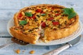 Piece pie of chicken, onion and sweet pepper.