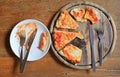 Piece of pizza remains on plate. Food waste