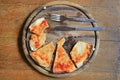 Piece of pizza remains on plate. Food waste