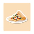 Piece of pizza sticker illustration. Plate, slice, olives, mushrooms. Editable vector graphic design.