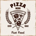 Piece of pizza vector emblem, badge, label or logo in vintage monochrome style isolated on white. Fast food delivery Royalty Free Stock Photo