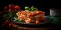 Piece of puff pastry with vegetables and herbs close-up