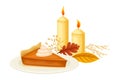 Piece of Pumpkin Pie with Whipped Cream and Burning Candles as Thanksgiving Autumnal Holiday Vector Composition