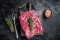 Piece of raw beef brisket, bbq smoker meat. Black background. Top view Royalty Free Stock Photo