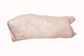 A piece of raw lard on a white background.Pork fat background top view.