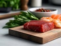 A piece of raw tuna on a cutting board next to a bowl of shrimp Royalty Free Stock Photo