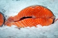 A piece of red fish in ice close-up. Sectional salmon