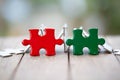 Piece of Red and green  jigsaw puzzle On the old wood. teamwork concept.  symbol of association and connection. business strategy Royalty Free Stock Photo