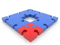 A piece of red puzzle in an unfinished blue puzzle on white Royalty Free Stock Photo