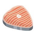 Piece of red salmon fish meat with pink stripe. Raw Seafood. The cut off part. Slices with grey skin