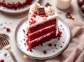 A piece of red velvet cake with cream and chocolate garnish on a white plate. Royalty Free Stock Photo