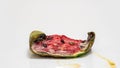 Piece of ripe watermelon rots on white background, time lapse, educational cognitive video