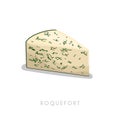 Piece of roquefort cheese. Cartoon flat style cheese segment. Fresh diary smelly milk product. Vector illustration single icon