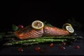 piece of salmon fillet with asparagus and lemon on a dark background. Healthy diet food, keto diet, Mediterranean cuisine. Hot