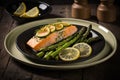 piece salmon fish with lemon on plate Generative AI